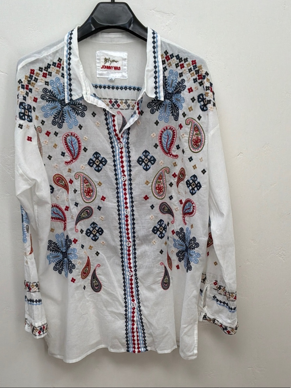 Johnny Was White Button-Down Shirt with Multicolor Paisley Embroidery